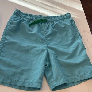 Primary Boys Light Blue Swim Trunks with Green Drawstring